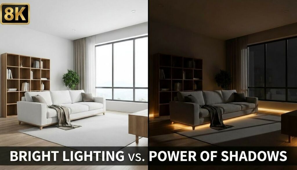 Split screen comparison showing modern living room interior lighting: bright daylight vs. dramatic night shadows with LED accent lights.