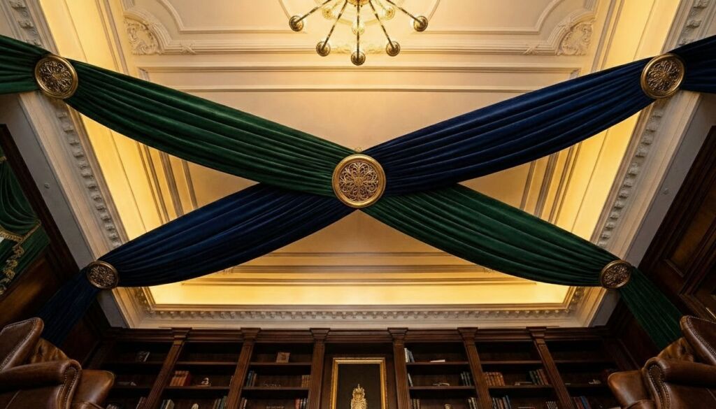 Cross-draping of emerald green and navy blue velvet fabric held by ornate gold medallions across a molded library ceiling.