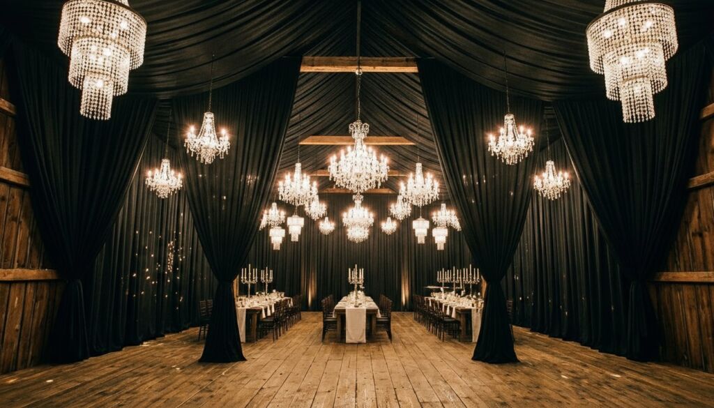 Luxurious wedding reception setup inside a barn featuring black velvet draping, rustic wooden floors, and numerous crystal chandeliers illuminating long dinner tables.