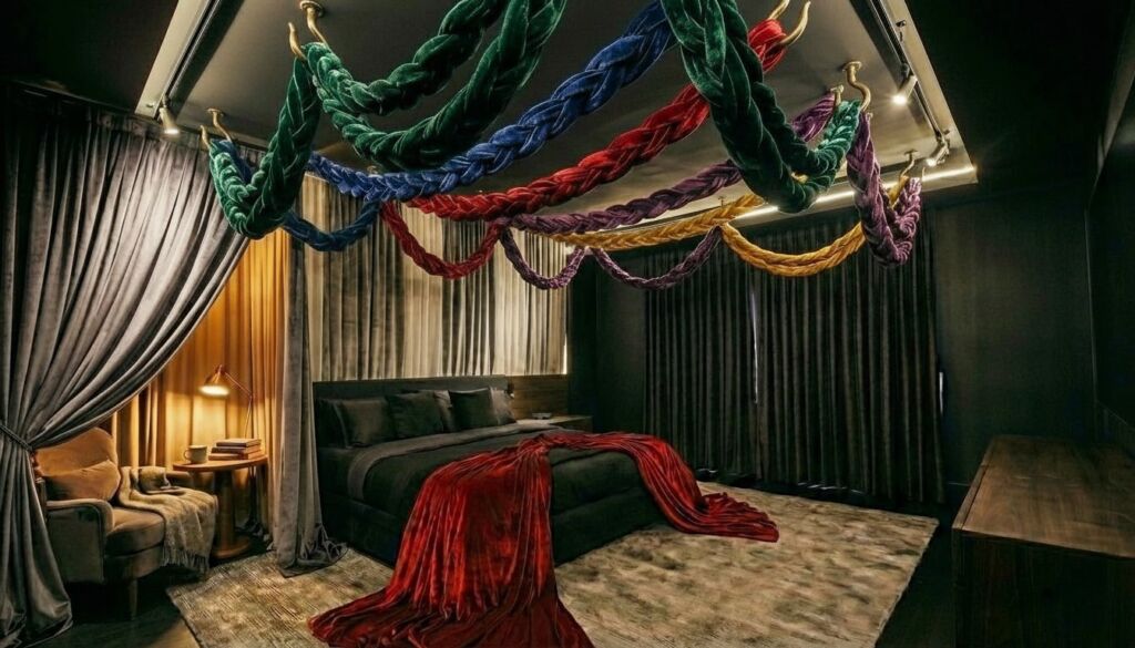 Luxury bedroom interior featuring a black bed and striking, multicolored braided velvet ropes draped dramatically across the dark ceiling.