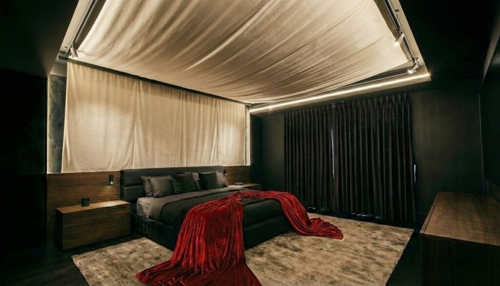 Luxurious dark bedroom featuring dramatic light-colored fabric ceiling draping, black bed, wooden furniture, and a rich red velvet throw blanket.