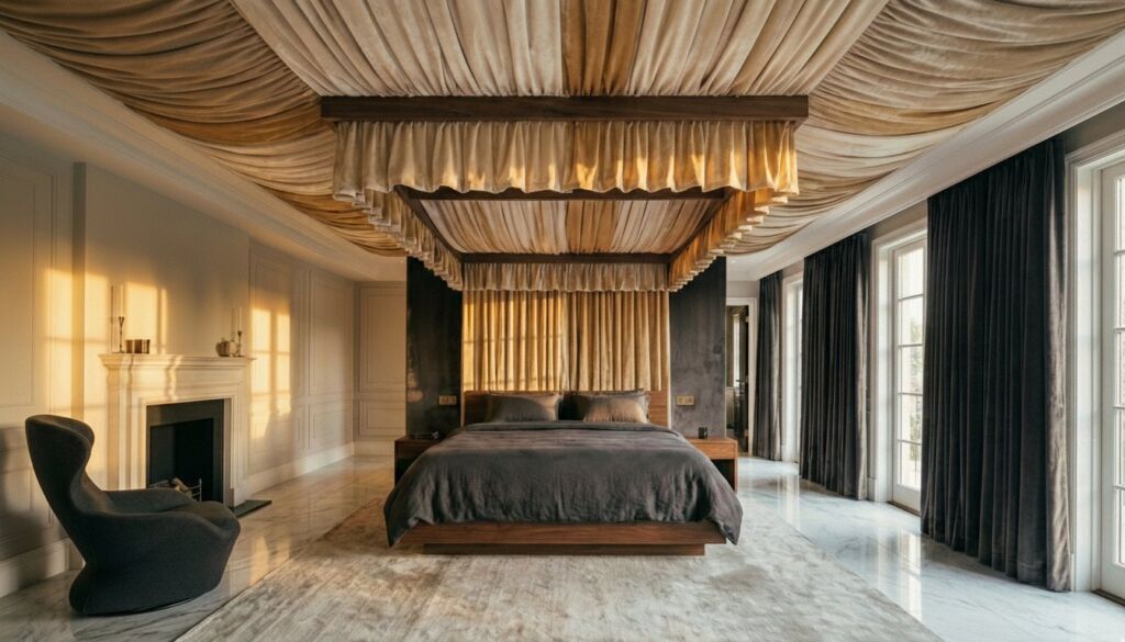 High-end master bedroom featuring a grey bed, dramatic beige velvet draped ceiling, marble floor, and modern fireplace.