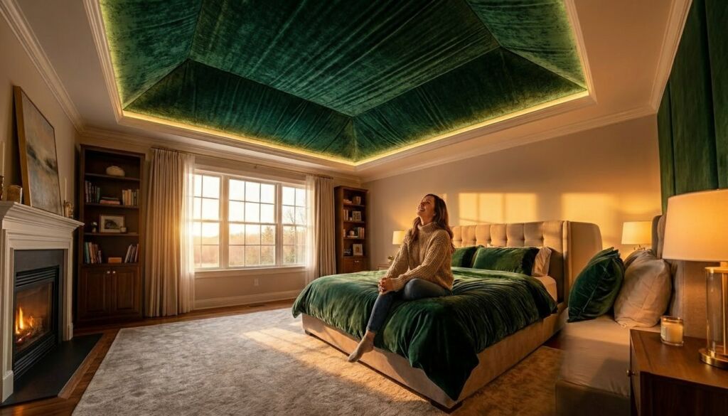 Luxurious master bedroom featuring an emerald green velvet draped tray ceiling with cove lighting, fireplace, and large window.