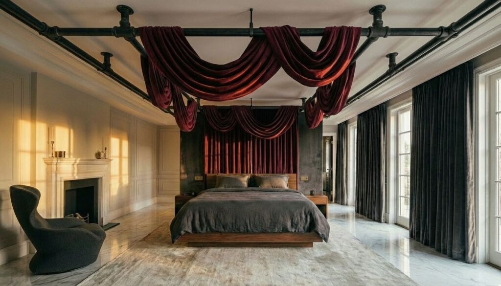 Opulent bedroom interior featuring a dark platform bed beneath industrial black piping supporting dramatic burgundy velvet ceiling drapes.