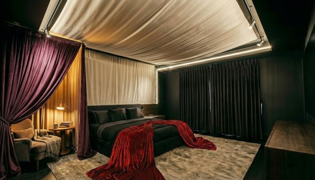 Opulent dark bedroom featuring a large black bed, a red velvet throw, deep purple curtains, and illuminated fabric ceiling draping.