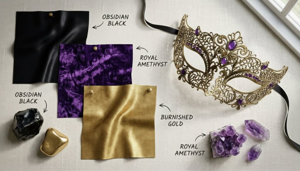 Design mood board featuring black, purple amethyst velvet, and burnished gold fabric swatches next to a filigree masquerade mask and crystals.