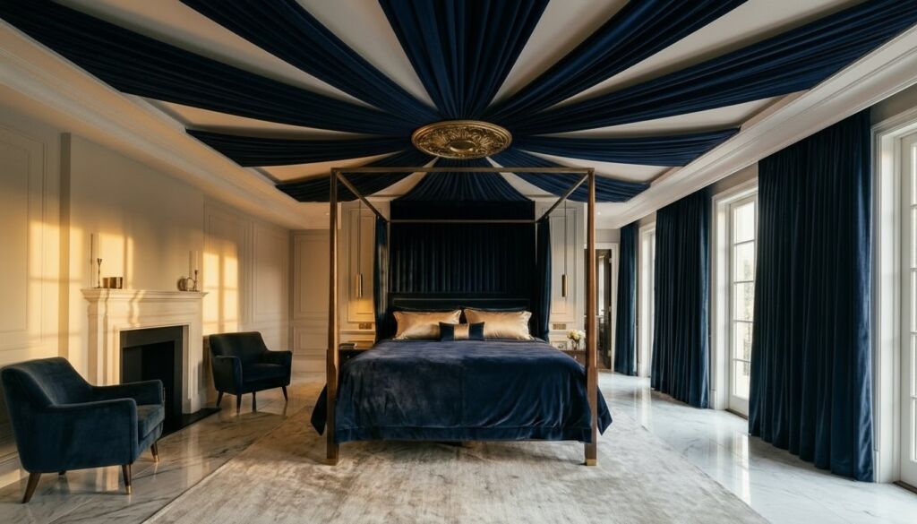 Luxurious bedroom featuring a brass four-poster bed, navy blue velvet bedding, marble floors, and dramatic radial velvet ceiling draping.