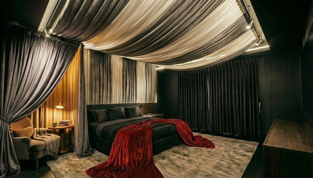 Luxurious dark bedroom featuring striped velvet ceiling draping, heavy curtains, and a dramatic red velvet blanket over a black bed.