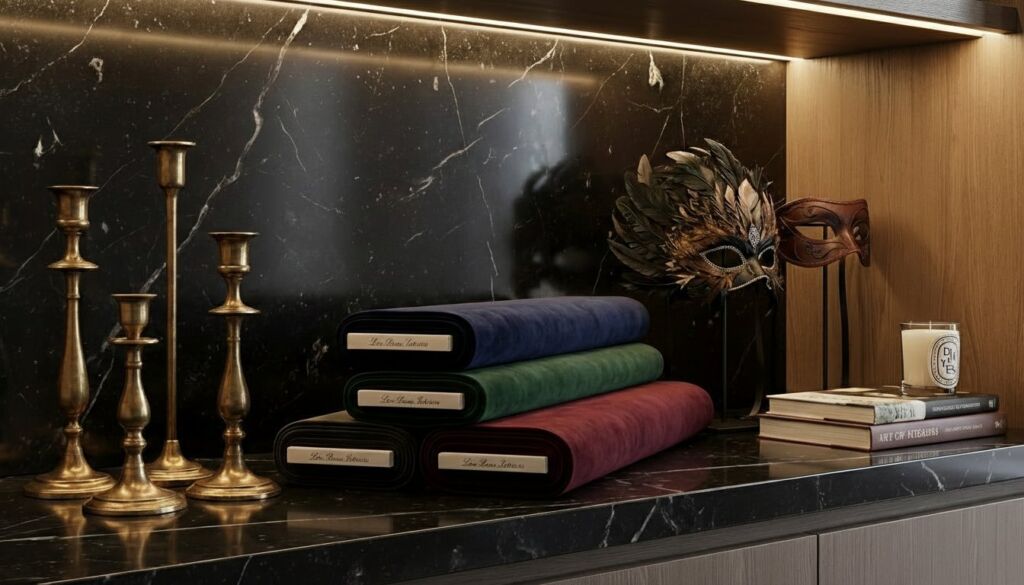 Stacked rolls of luxury velvet fabric (navy, green, burgundy) displayed on a black marble counter with brass candlesticks and masquerade masks.