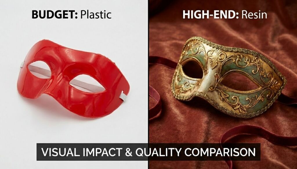 Comparison of two half-face masquerade masks: a cheap red plastic mask versus an ornate, gold and resin high-end version.