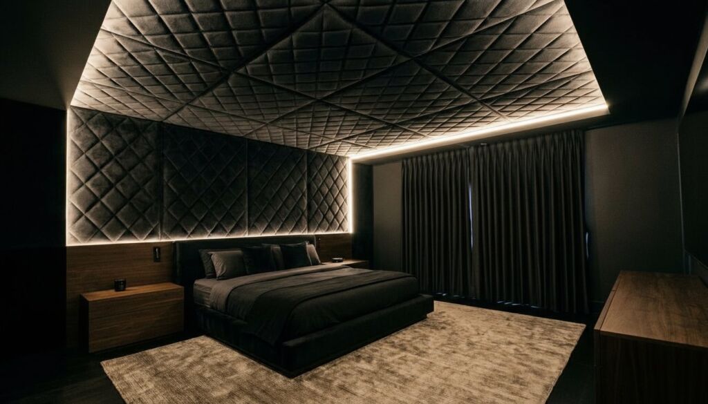 Dark luxury bedroom featuring a dramatic quilted charcoal velvet ceiling and matching wall panels illuminated by soft cove lighting.