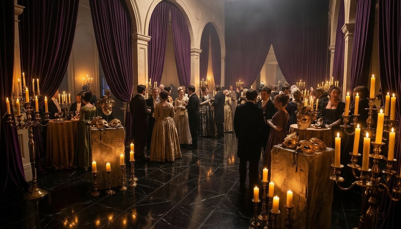 Opulent candlelit masquerade ball scene. Guests in historical costumes stand under grand arches and purple velvet drapes.