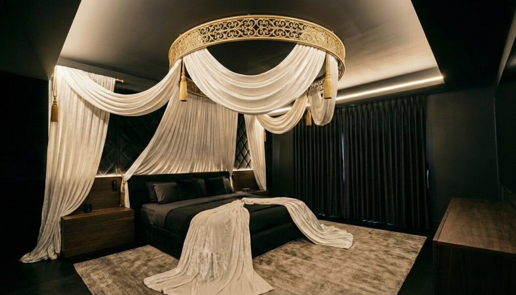 Luxurious black and gold bedroom featuring a canopy bed with dramatic white velvet ceiling draping suspended from an ornate gold frame.