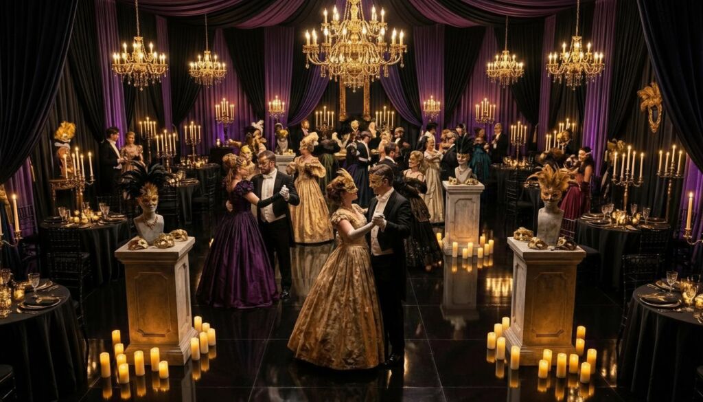 A grand, opulent masquerade ball with costumed couples dancing in a ballroom decorated with black and purple drapes, chandeliers, and golden candles.