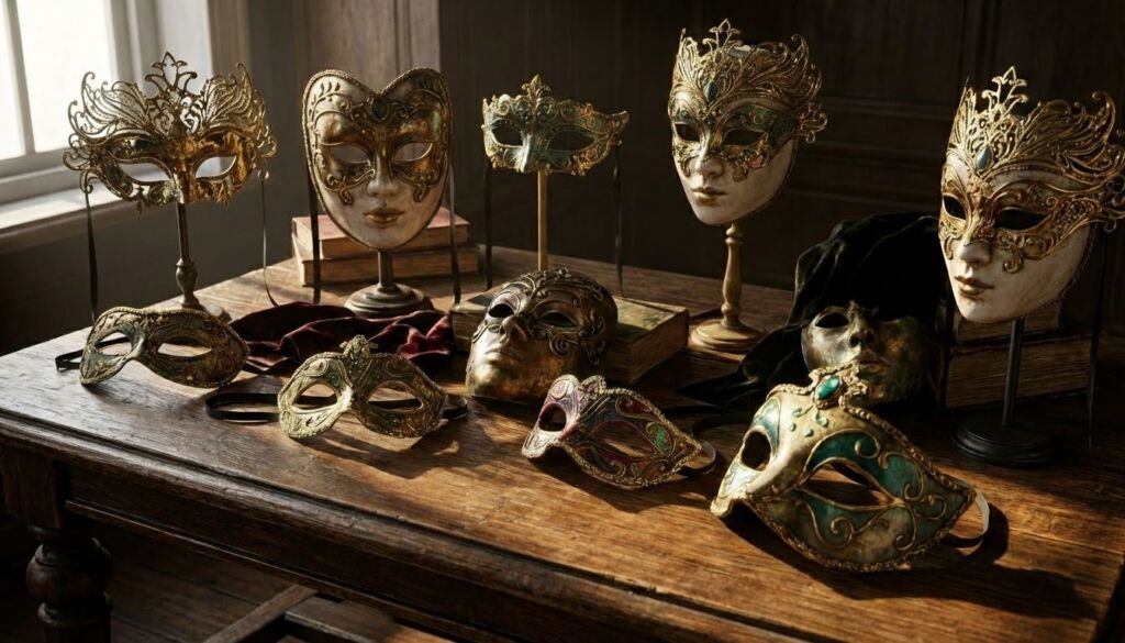 A still life display of ornate gold, white, and bronze Venetian masquerade masks arranged on a dark antique wooden table near a sunlit window.