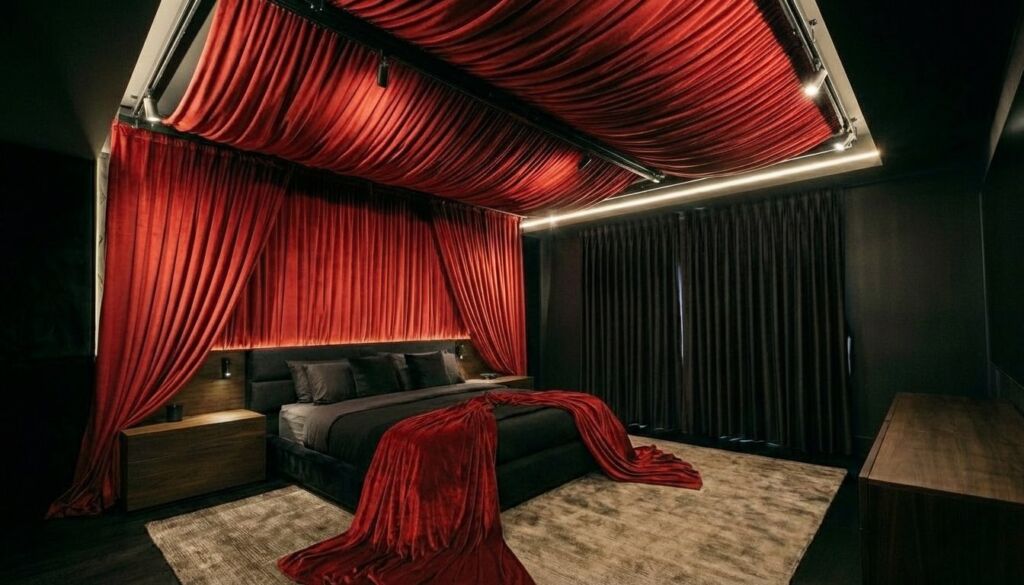 Opulent bedroom with black walls and bed, highlighted by voluminous red velvet ceiling draping and matching bed throw.