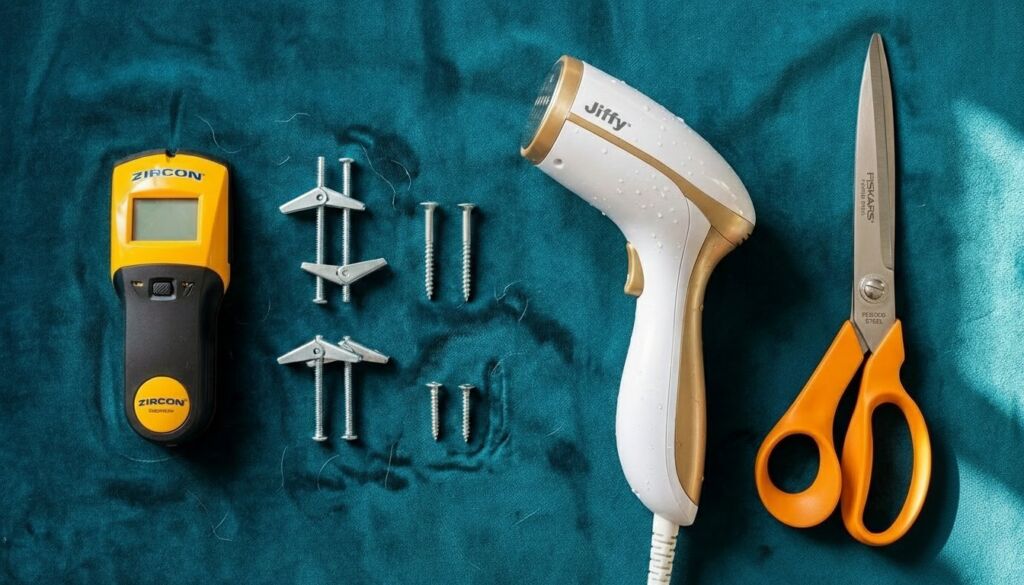 Layflat of installation tools including Zircon stud finder, Jiffy steamer, scissors, and toggle bolts on teal velvet fabric.