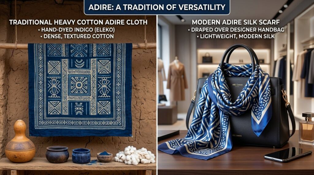 Close-up of a vibrant indigo Adire cloth and silk scarf with traditional patterns.