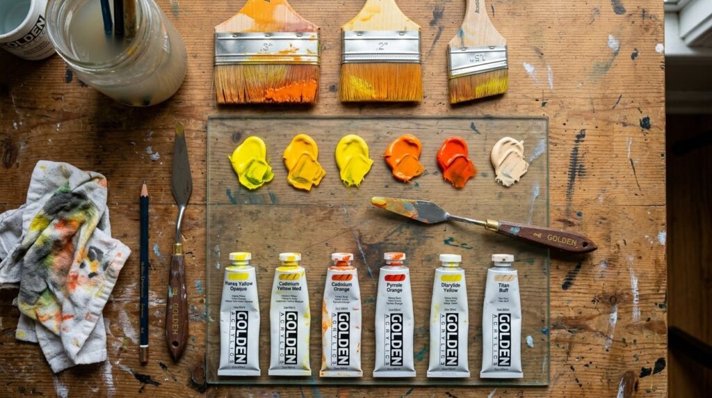 A collection of paintbrushes and palette knives beside thick piles of colorful oil paints.