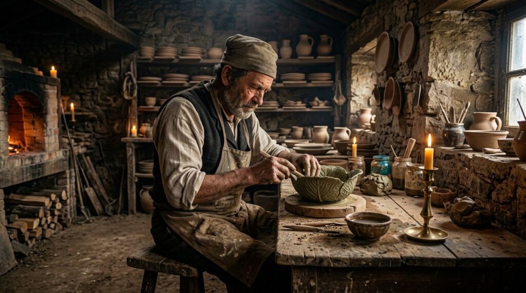 A close-up shot of artisan molding clay being shaped by hand.