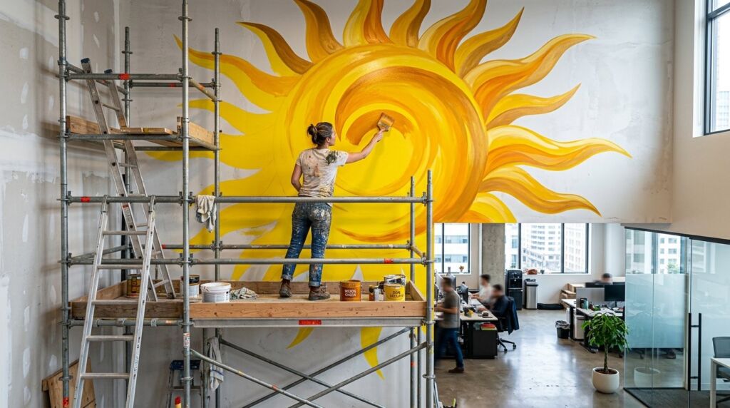 Artist using a brush to apply a clear glaze over a colorful wall mural.
