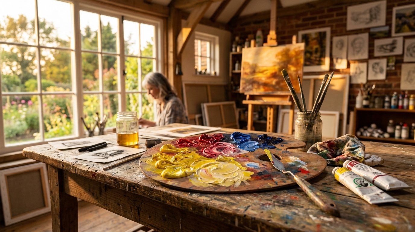 Close-up of a wooden paint palette with colorful oils in a bright artist studio.