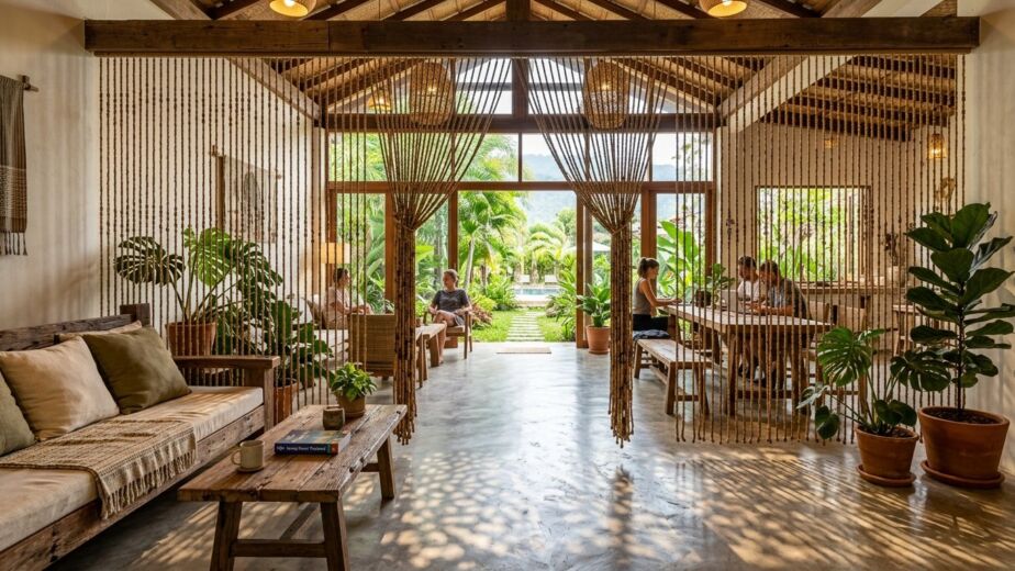 Bamboo beaded curtain hanging as a natural room divider in a bright living space.