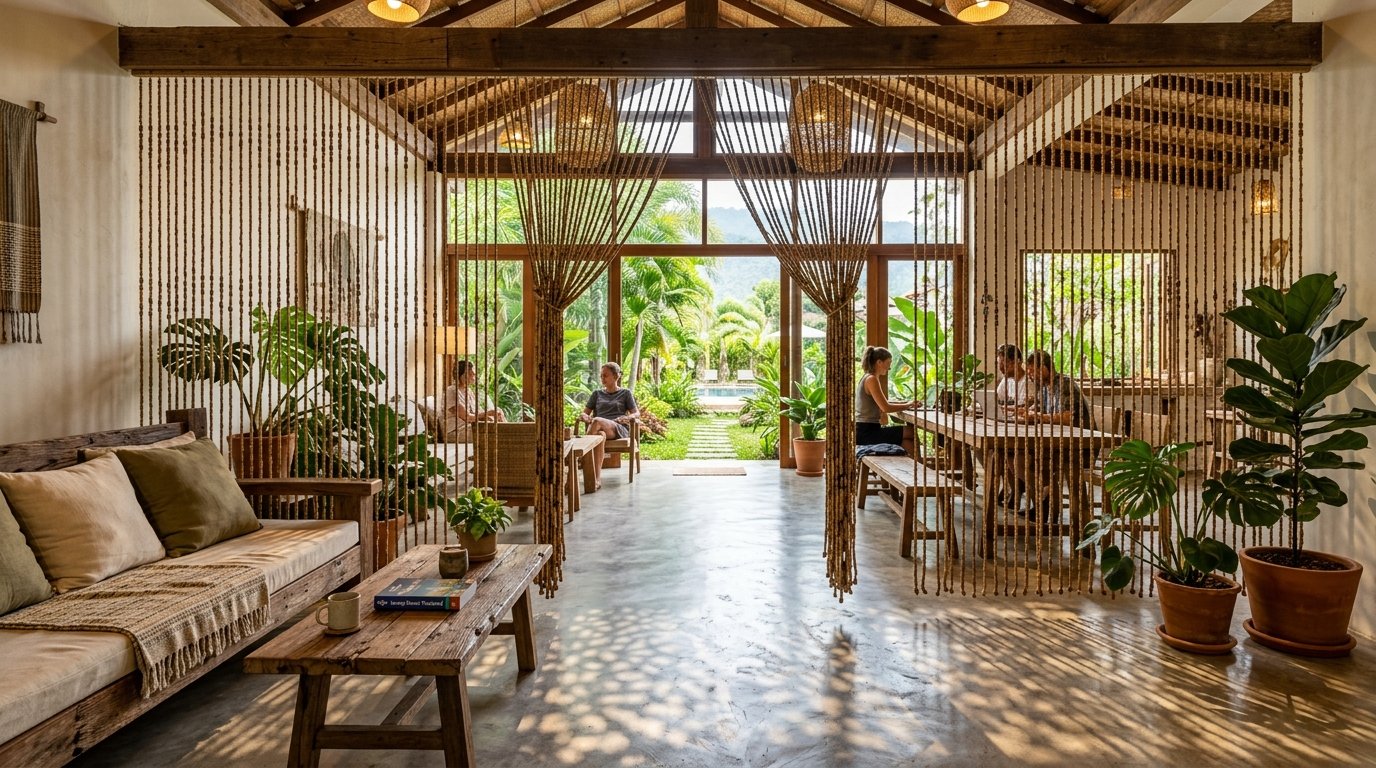 Bamboo beaded curtain hanging as a natural room divider in a bright living space.