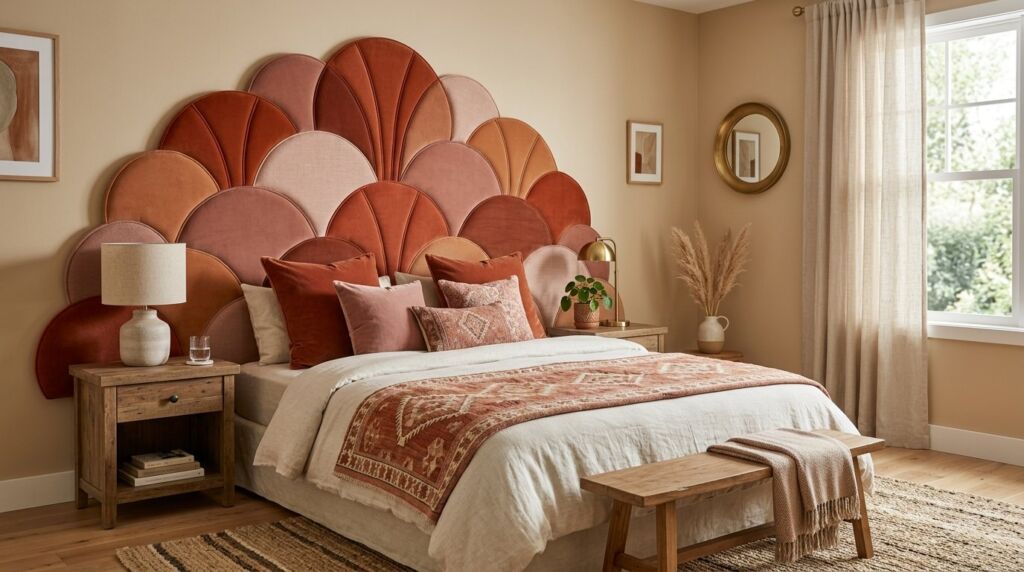 A stylish bedroom interior highlighting a decorative fan shaped headboard as the focal point.