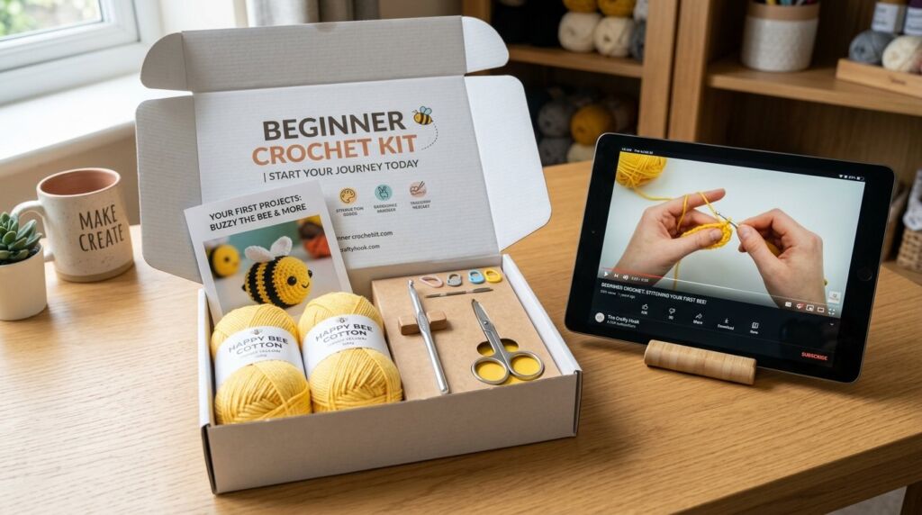 A complete beginner crochet kit featuring colorful yarn, ergonomic hooks, and a step-by-step instruction manual.