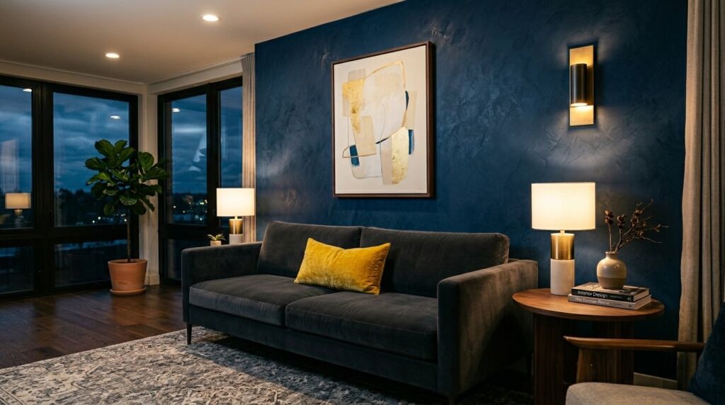 Modern living room with a navy blue accent wall and sofa with yellow pillows.