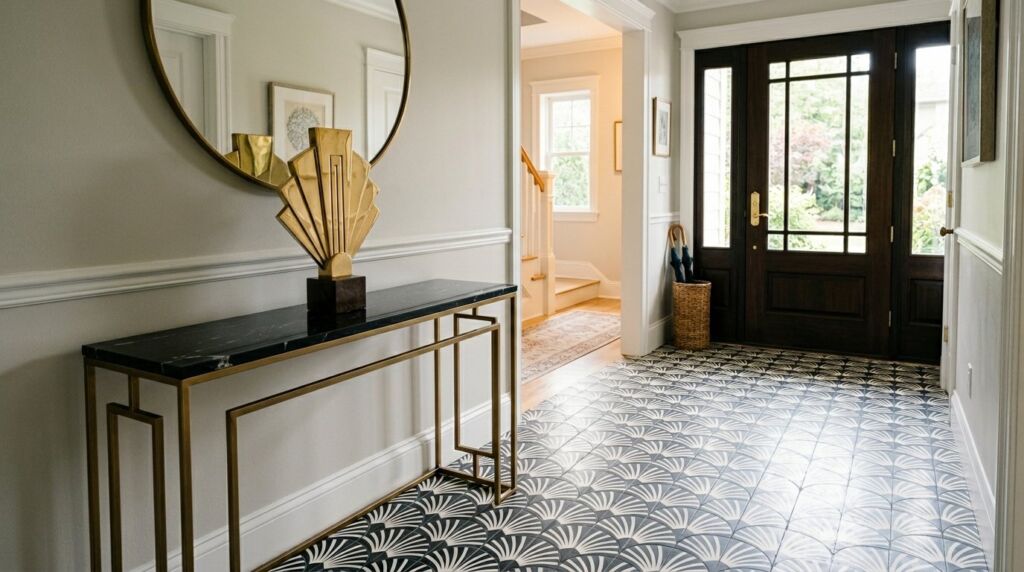 An elegant home entryway decorated with a striking black and white geometric fan pattern wallpaper.