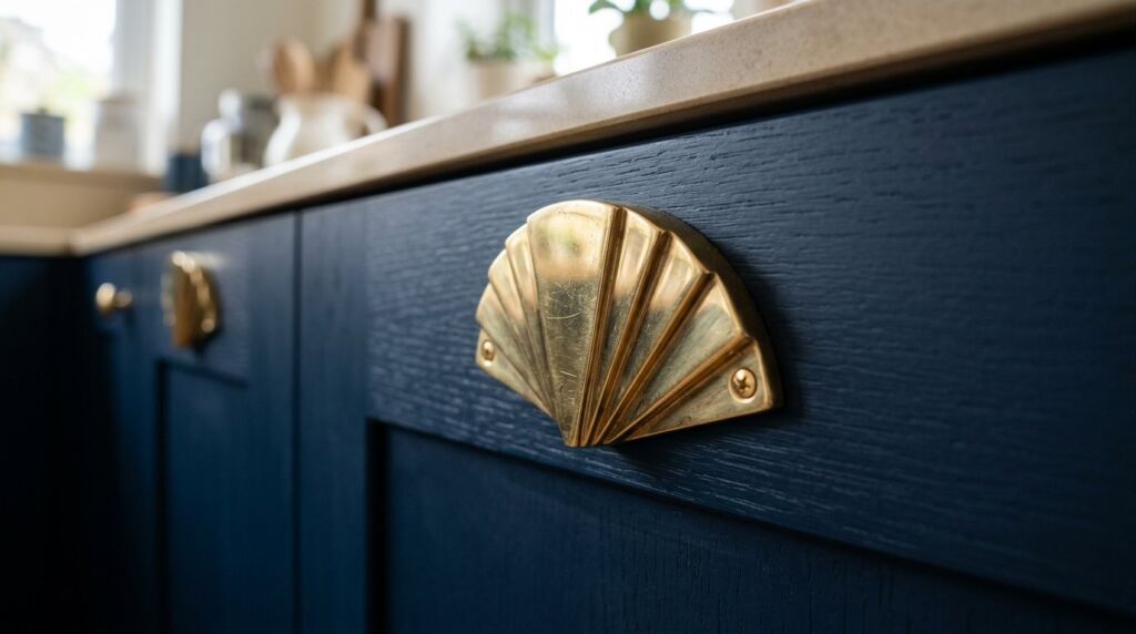 Close-up of polished brass hardware installed on dark navy blue kitchen cabinets.
