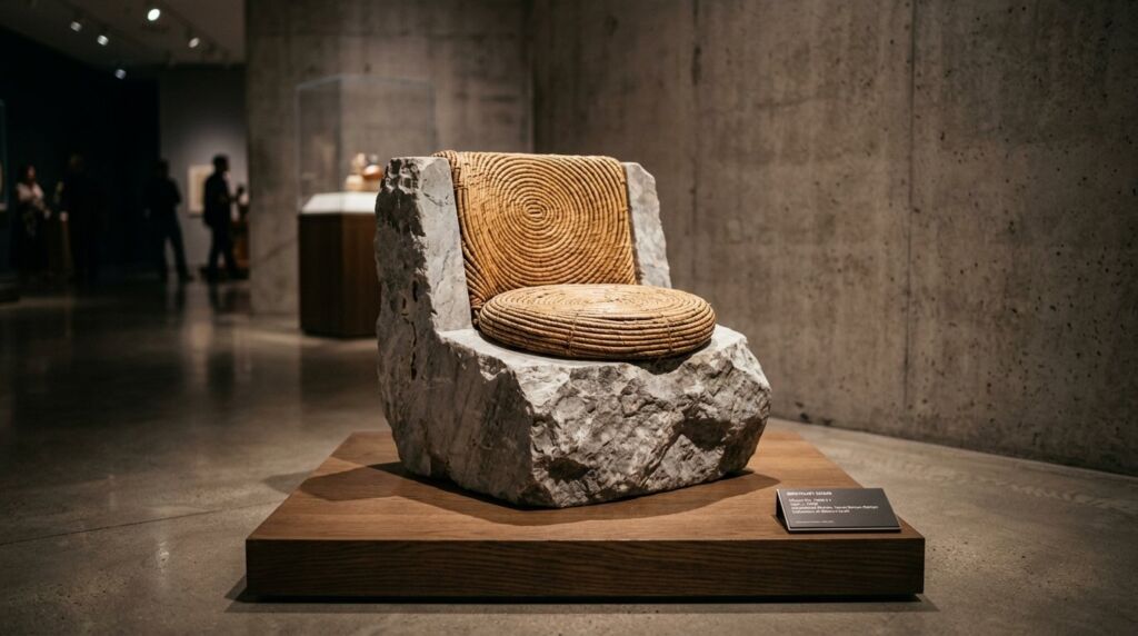 A geometric brutalist chair featuring a raw concrete frame and a heavy white marble base.