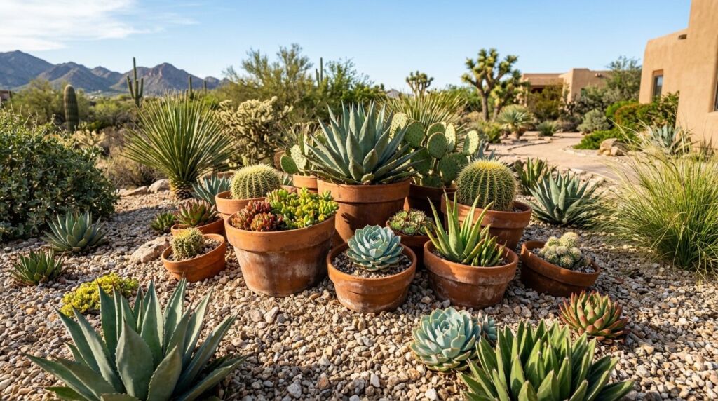 A collection of small cacti and succulents arranged in various ceramic pots.