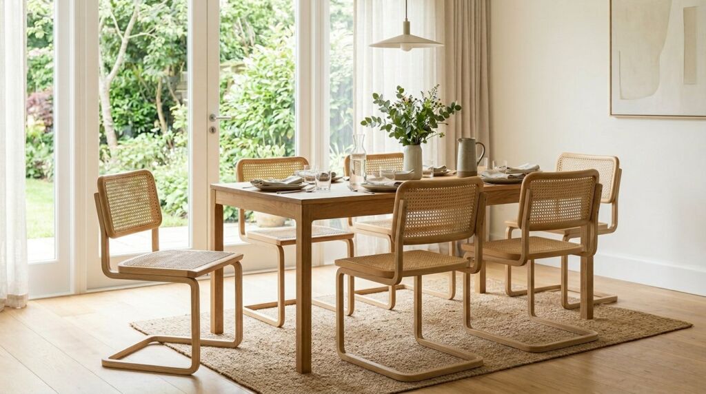 Set of vintage-style cane back chairs surrounding a minimalist wooden dining table.