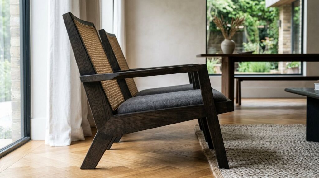 Elegant dark oak dining chairs featuring natural woven cane backrests in a well-lit room.