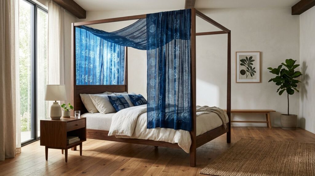 A four-poster canopy bed featuring blue and white adire pattern fabric.