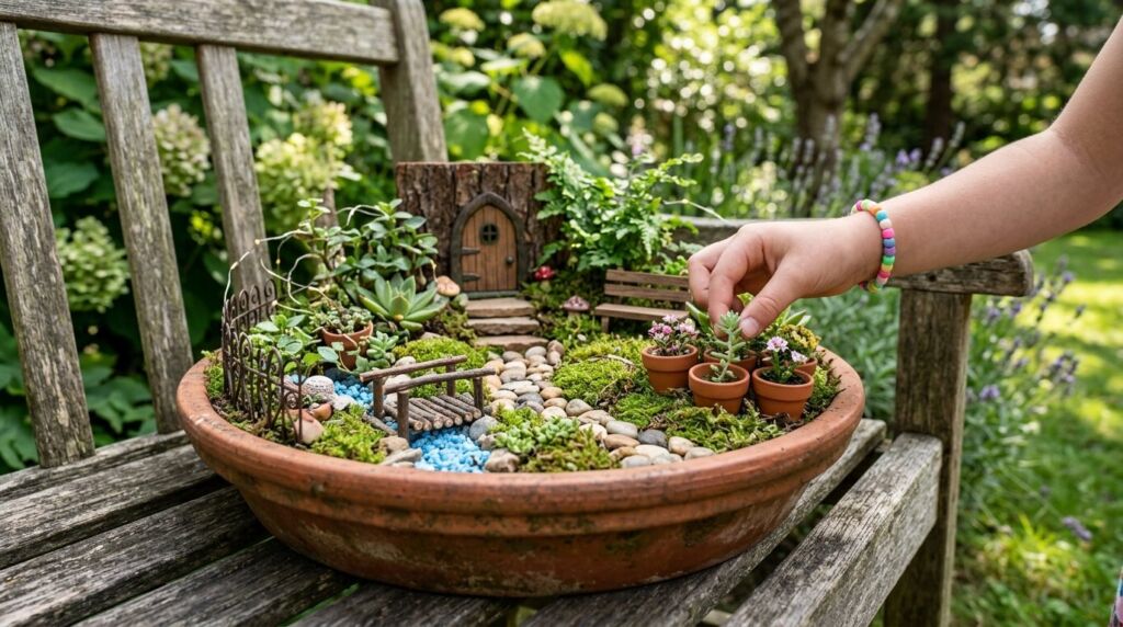 A young child kneeling in soft soil while placing a small green plant into a garden bed.