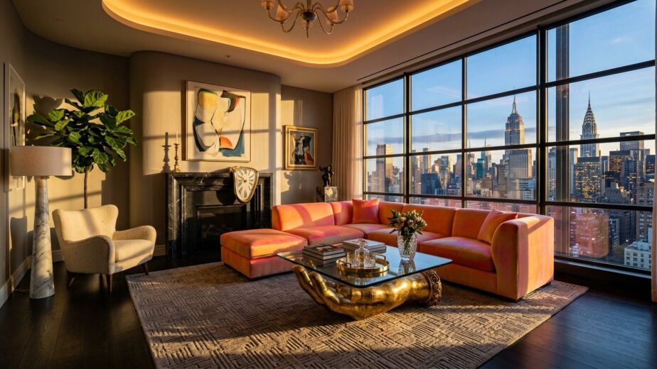 Cinematic wide angle view of a luxury high-end living room with modern furniture.