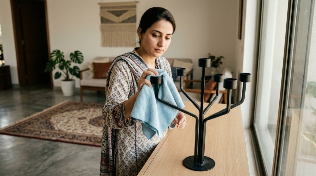 A woman uses a blue cloth to clean a modern black metal candelabra on a wooden surface near a window.
