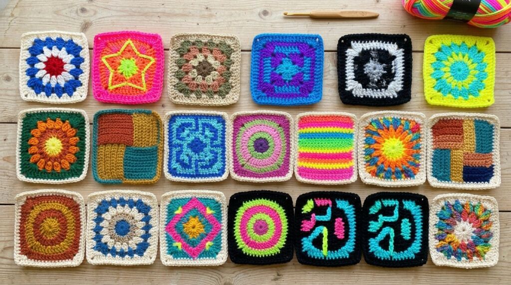 An artistic arrangement of colorful handmade crochet granny squares on a neutral background.