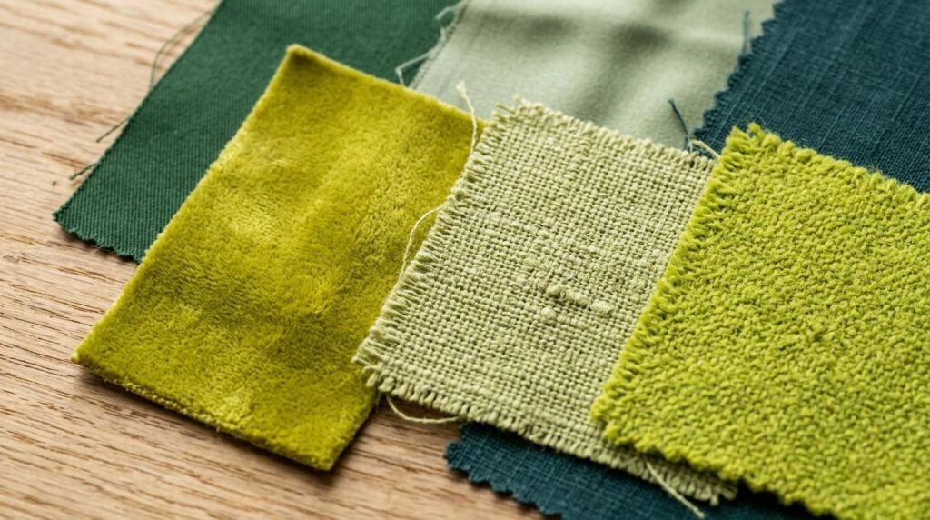 An assortment of colorful fabric swatches neatly arranged on a studio surface.