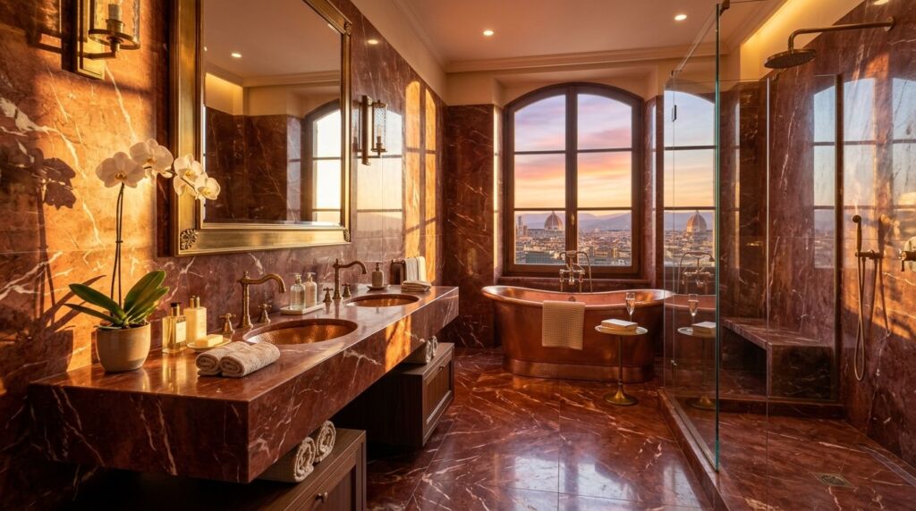 Wide shot of a luxury bathroom interior with elegant red marble walls and modern fixtures.