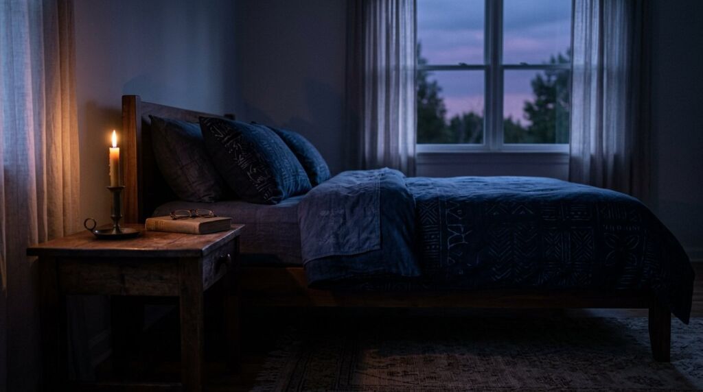 A cozy bedroom at dusk featuring a glowing candle on a bedside table.