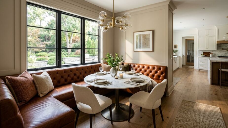 A sunlit dining nook featuring a comfortable tan leather banquette and a wooden dining table.