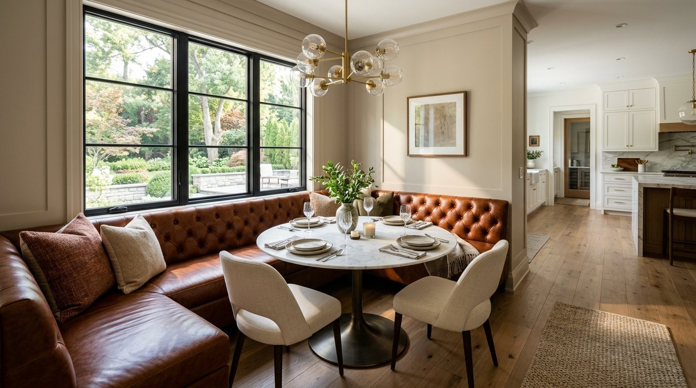 A sunlit dining nook featuring a comfortable tan leather banquette and a wooden dining table.
