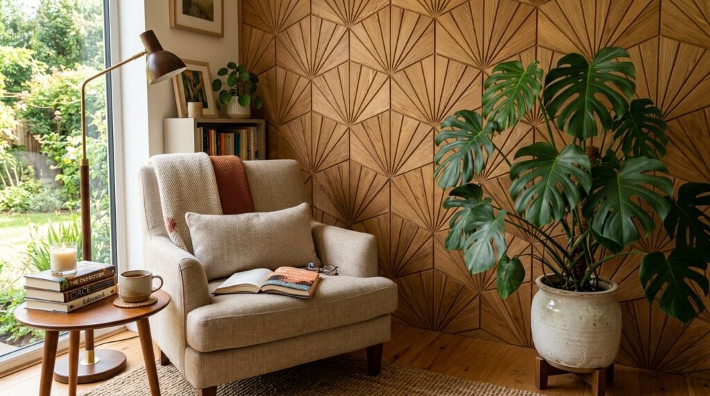 A comfortable reading nook featuring a large green monstera plant in a bright corner.