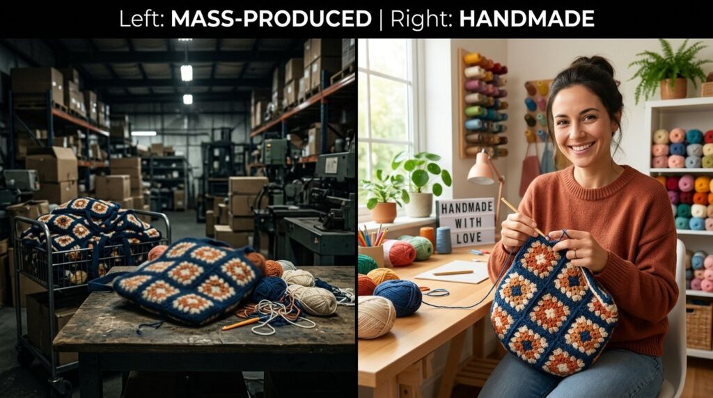 Top-down view comparing three different handmade crochet bag textures and designs on a neutral surface.