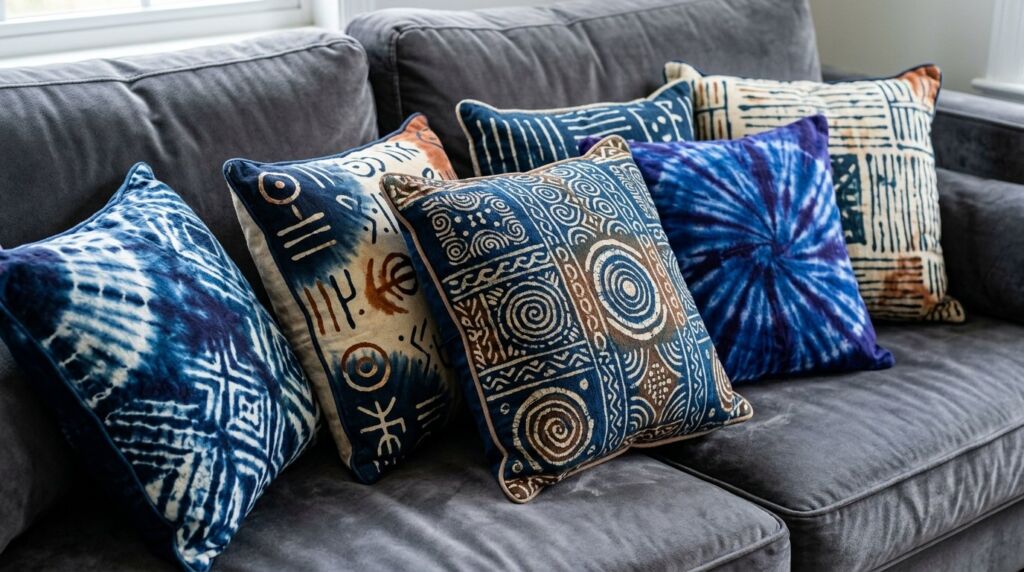 Colorful decorative cushions piled on a contemporary grey fabric sofa in a bright living room.